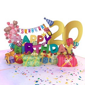 20e gelukkige verjaardag met cadeautjes en ballonnen Pop-upkaart 3D PopUp-wenskaart door CardPop ®