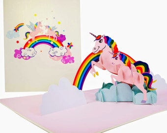 2 Pink Unicorns on a Rainbow 3D Pop Up Card by CardPop ®