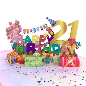 Carte pop-up joyeux anniversaire 21e avec cadeaux et ballons Carte de voeux 3D pop-up CardPop ®