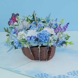 Cartão de felicitações pop-up de hortênsias azuis com borboletas para aniversários e amantes da natureza