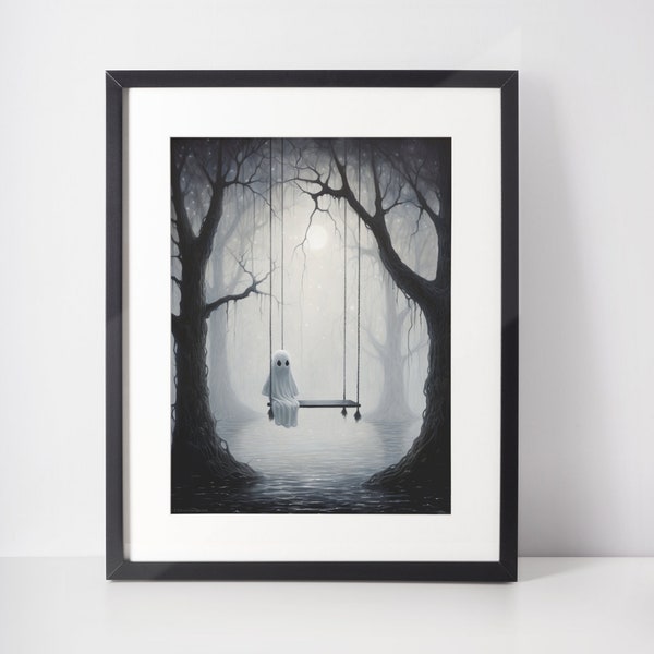 Ghost On Swing Instant Digital Image | Vintage Ghost Art Print | Halloween Printable Wall Art | Ghost On Swing PNG Image Download