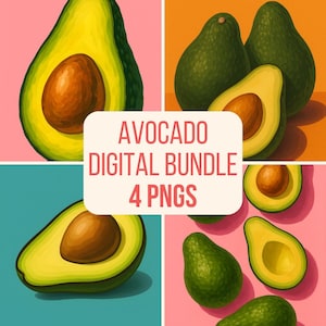 Avocado Wall Art Printable Bundle | Set of 4 PNGs | Digital Download | Kitchen Art | Fruit Prints | Modern Minimalist Decor | Avocado Art