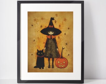 Halloween Witch Digital Art, Vintage Halloween Wall Art, Matchbox Style Halloween Print, Instant Download