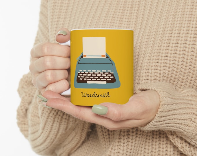 Vintage Typewriter Mug, Wordsmith Writer Gift, Yellow Ceramic Coffee Mug 11oz