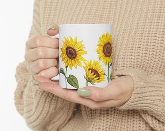 Sunflowers, Ceramic Mug 11oz, FLoral pattern, yellow flowers, gardening, sunflower mug, gifts, coffee mugs