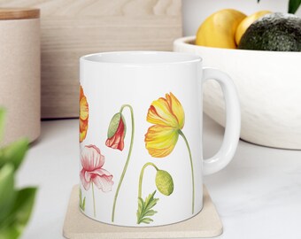 Poppies Ceramic Mug, Coffee Mug 11oz, floral pattern, poppies, flowers, gifts for mom, teacher gifts, mother's day, Christmas , housewares