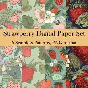 Cottagecore Strawberry Digital Patterns / 6 file PNG di carta digitale senza soluzione di continuità / Download istantaneo / Digital Cottagecore Pattern