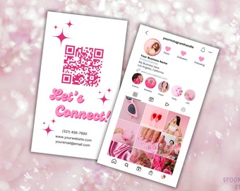 Tarjeta de presentación de Instagram, tarjeta de presentación retro en rosa fuerte y beige, tarjeta de presentación digital, tarjeta de presentación con código QR editable, plantilla de tarjeta de presentación