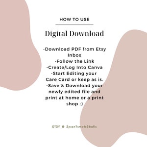 Puede incluir: Un gr&aacute;fico rosa y blanco con el texto "HOW TO USE" y "Digital Download" en negro. El texto a continuaci&oacute;n explica c&oacute;mo descargar y editar un archivo digital desde Etsy.