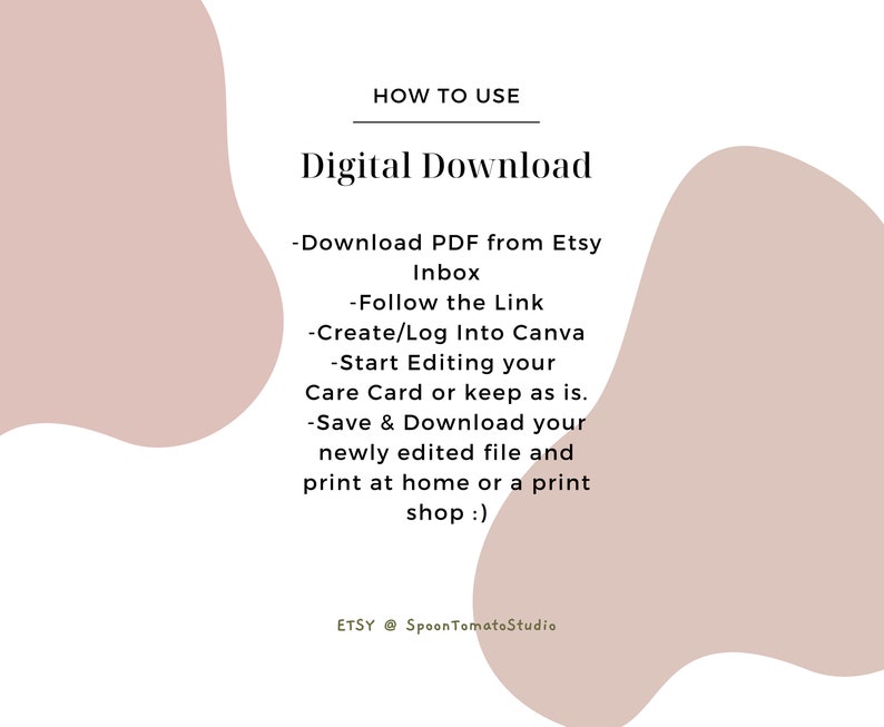 Puede incluir: Un gr&aacute;fico rosa y blanco con el texto "HOW TO USE" y "Digital Download" en negro. El texto a continuaci&oacute;n explica c&oacute;mo descargar y editar un archivo digital desde Etsy.