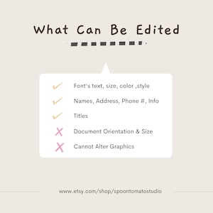 Puede incluir: Una lista de verificaci&oacute;n de lo que se puede editar y lo que no se puede editar en un documento imprimible. Los elementos editables incluyen el texto de la fuente, el tama&ntilde;o, el color, el estilo, los nombres, la direcci&oacute;n, el n&uacute;mero de tel&eacute;fono, la informaci&oacute;n y los t&iacute;tulos. Los elementos que no se pueden editar incluyen la orientaci&oacute;n y el tama&ntilde;o del documento, y los gr&aacute;ficos. El texto en la parte inferior de la imagen dice "www.etsy.com/shop/spoontomatostudio".