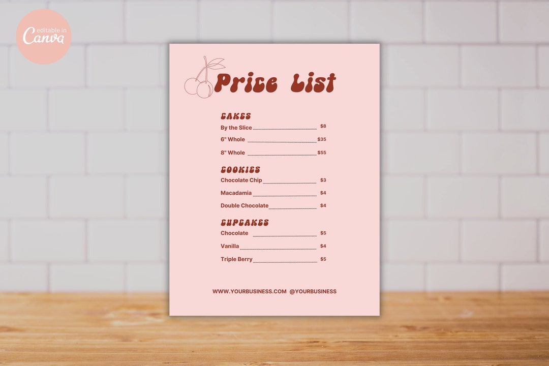 Bakery Price List Template, Editable Price List, Printable Cake Menu