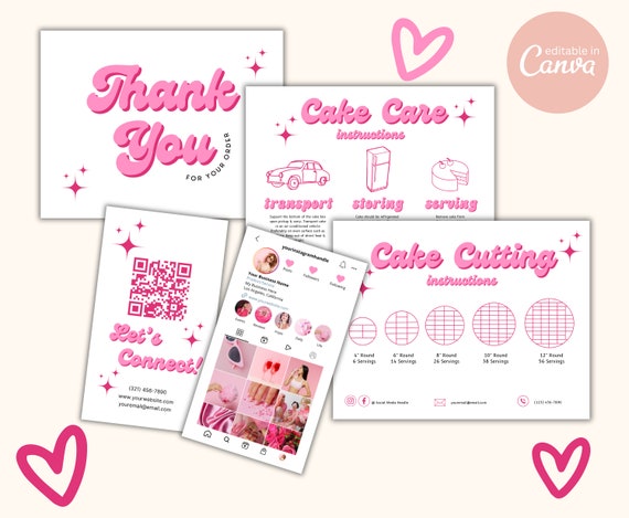 Cake Care Card, Cake Cutting Guide, Cake Care Instructions, Bakery Business Bundle, Cake Bakery Business Card Template, IG QR Code Card