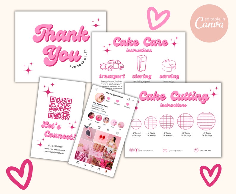 Puede incluir: Tarjeta de agradecimiento rosa y blanca con un c&oacute;digo QR rosa y blanco, una tarjeta 'Let's Connect!' rosa y blanca con informaci&oacute;n de contacto y una tarjeta de instrucciones de cuidado y corte de pastel rosa y blanca. Las tarjetas est&aacute;n decoradas con estrellas y corazones rosas.
