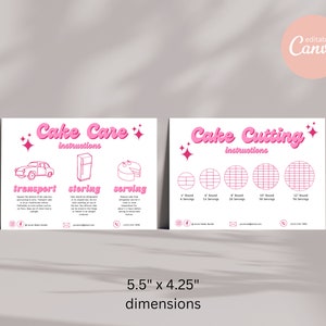Puede incluir: Dos tarjetas imprimibles rosas y blancas con instrucciones para el cuidado y el corte de pasteles. La tarjeta de cuidado del pastel tiene ilustraciones de un coche, un refrigerador y una rebanada de pastel. La tarjeta de corte del pastel tiene ilustraciones de pasteles redondos con patrones de cuadr&iacute;cula para cortar.
