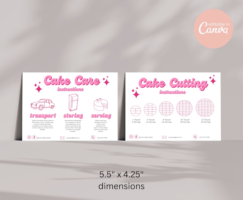 Puede incluir: Dos tarjetas imprimibles rosas y blancas con instrucciones para el cuidado y el corte de pasteles. La tarjeta de cuidado del pastel tiene ilustraciones de un coche, un refrigerador y una rebanada de pastel. La tarjeta de corte del pastel tiene ilustraciones de pasteles redondos con patrones de cuadr&iacute;cula para cortar.
