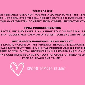 Puede incluir: Fondo rosa con texto blanco que describe los t&eacute;rminos de uso de un producto digital. El texto indica que este archivo es para uso personal &uacute;nicamente y no se puede vender o redistribuir sin el consentimiento por escrito del propietario, Spoon Tomato Studio. El texto tambi&eacute;n indica que este es un producto digital y que no se enviar&aacute; ning&uacute;n producto f&iacute;sico. El texto va seguido de un coraz&oacute;n blanco con el texto "Spoon Tomato Studio" debajo.