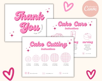 Tarjeta de cuidado de pasteles, Instrucciones de cuidado de pasteles, Guía de corte de pasteles, Tarjeta de pastel imprimible, Guía de almacenamiento de pasteles, Formulario de pedido de pasteles, Tarjeta de agradecimiento de panadería