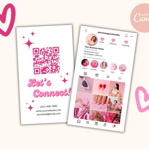 Puede incluir: Una tarjeta de visita rosa y blanca con un c&oacute;digo QR, el texto "Let's Connect!" y la informaci&oacute;n de contacto. Un perfil de Instagram rosa con un fondo rosa y una cuadr&iacute;cula de im&aacute;genes.