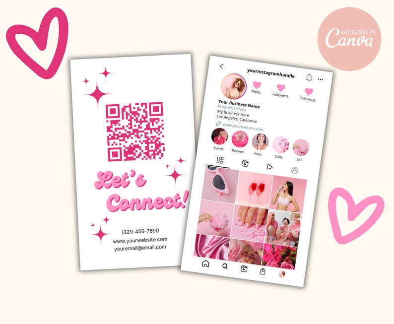 Puede incluir: Una tarjeta de visita rosa y blanca con un c&oacute;digo QR, el texto "Let's Connect!" y la informaci&oacute;n de contacto. Un perfil de Instagram rosa con un fondo rosa y una cuadr&iacute;cula de im&aacute;genes.