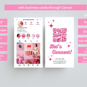 Puede incluir: Plantilla de tarjeta de visita rosa y blanca con un c&oacute;digo QR rosa y blanco, el texto "Let's Connect!" y un dise&ntilde;o de estrella rosa. La tarjeta tambi&eacute;n incluye un n&uacute;mero de tel&eacute;fono, una direcci&oacute;n de sitio web y una direcci&oacute;n de correo electr&oacute;nico.
