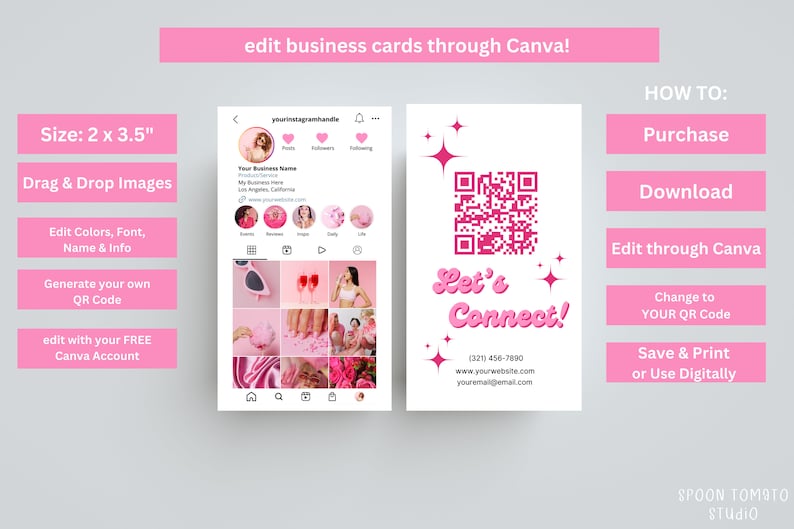 Puede incluir: Plantilla de tarjeta de visita rosa y blanca con un c&oacute;digo QR rosa y blanco, el texto "Let's Connect!" y un dise&ntilde;o de estrella rosa. La tarjeta tambi&eacute;n incluye un n&uacute;mero de tel&eacute;fono, una direcci&oacute;n de sitio web y una direcci&oacute;n de correo electr&oacute;nico.
