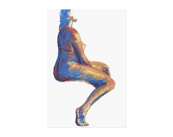 Figurative Seated Nude Poster | Fine Art Body Study, Blue and Gold Pastel