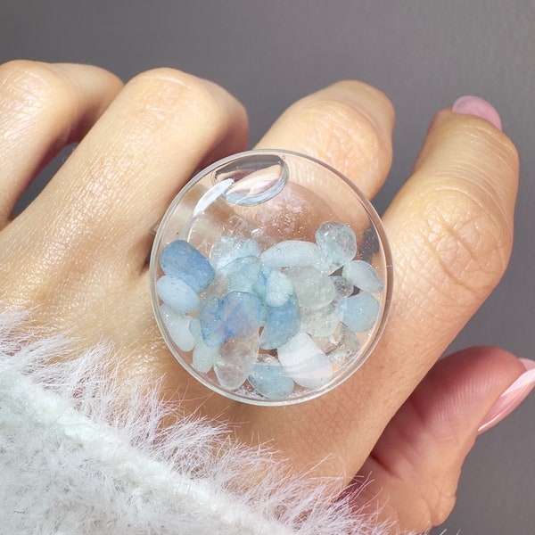 Aquamarin Shaker Ring, Bubble Shaker Ring, Glasblase Ring, flüssiger Ring, Aquamarin Ring, Glasring, Resin Ring, Aquamarin Schmuck