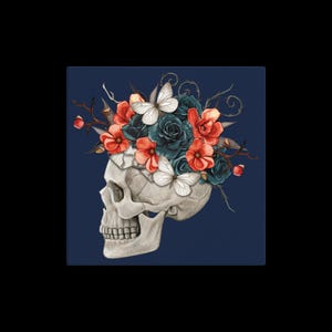 Navy Skull Canvas with Flowers & Moths | Gothic Floral Skull Art | Dark Nature Aesthetic | Witchy Graphic Canvas