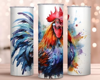 Watercolor Rooster 20oz Skinny Tumbler Wrap - Sublimation Design - Chicken Tumbler Wrap Design - Rooster Tumbler Wrap