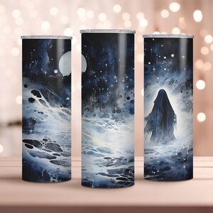 May include: Three stainless steel tumblers with a galaxy-themed design. The tumblers feature a dark blue background with white clouds and stars. The centre tumbler has a figure in a black robe walking through the clouds.