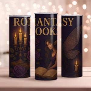 Romantasy Books Tumbler Wrap PNG – Gotycka książka z bajkami, sublimacja, projekt – Dark Fantasy, 20 oz, chudy Tumbler, pobieranie cyfrowe