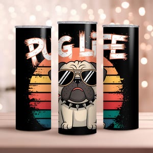 Retro Pug Life Tumbler Wrap: 80-tals solnedgångsdesign (digital nedladdning)