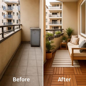 Op de afbeelding: Een voor-en-na-vergelijking van een balkon. Het 'Voor'-gedeelte toont een balkon met grijze betegelde vloer en een metalen kast. Het 'Na'-gedeelte toont houten vloeren, een gestreept tapijt, een bank met kussens en potplanten.