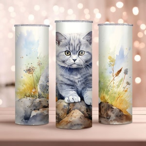 Watercolor British Shorthair 20oz Skinny Tumbler Wrap, pet owner gift, Sublimation Design, Instant Download