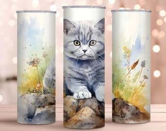 Watercolor British Shorthair 20oz Skinny Tumbler Wrap, pet owner gift, Sublimation Design, Instant Download