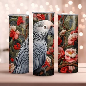 Perroquet gris africain brodé 20oz Skinny Tumbler Wrap - Parrot Tumbler Wrap PNG - Sublimation Design - Téléchargement instantané