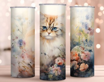 Design acquerello gatto persiano - Confezione sottile per bicchiere da 20 once - Regalo perfetto - Design a sublimazione