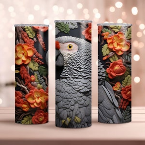 Perroquet gris africain brodé 20oz Skinny Tumbler Wrap - Parrot Tumbler Wrap PNG - Sublimation Design - Téléchargement instantané