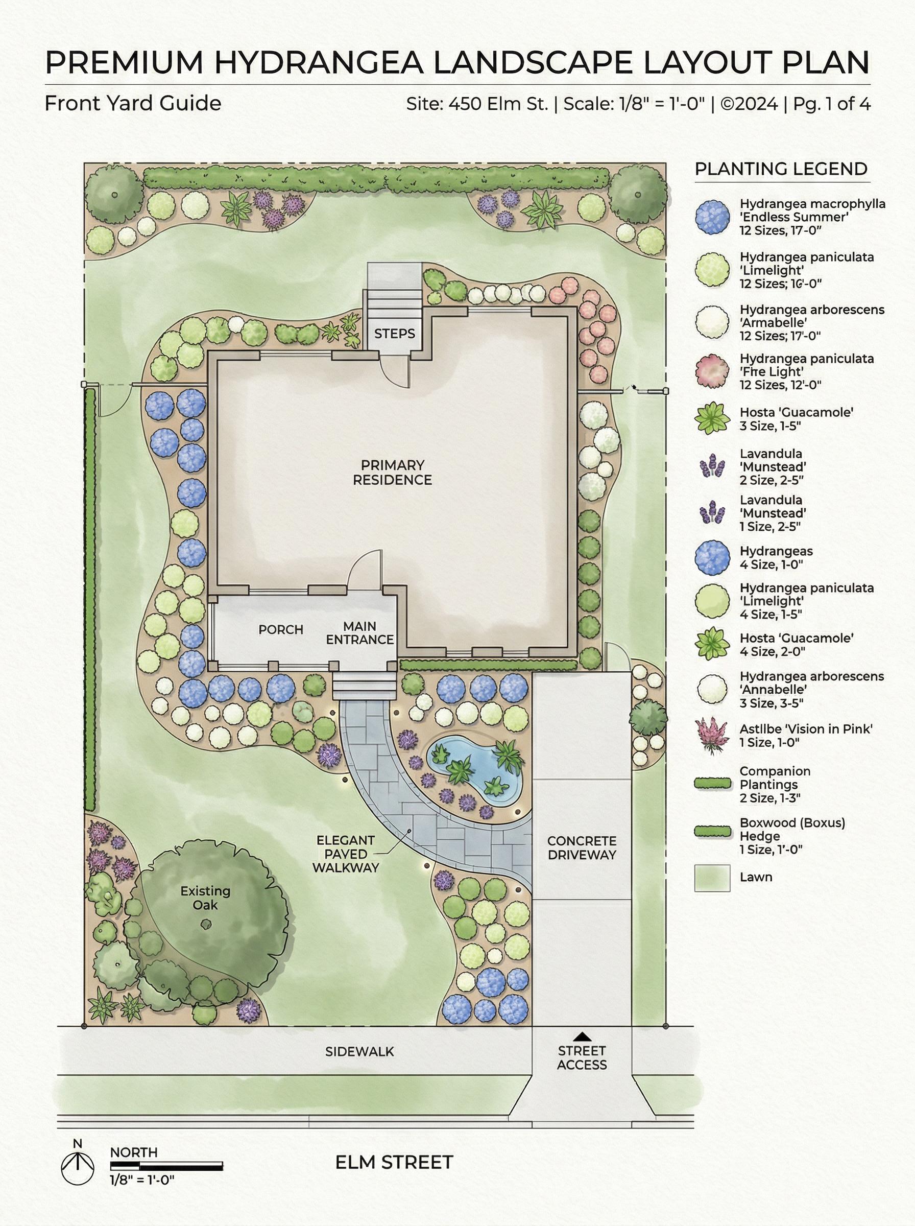 Front Yard Hydrangea Landscape Plan, DIY Curb Appeal Garden Guide ...