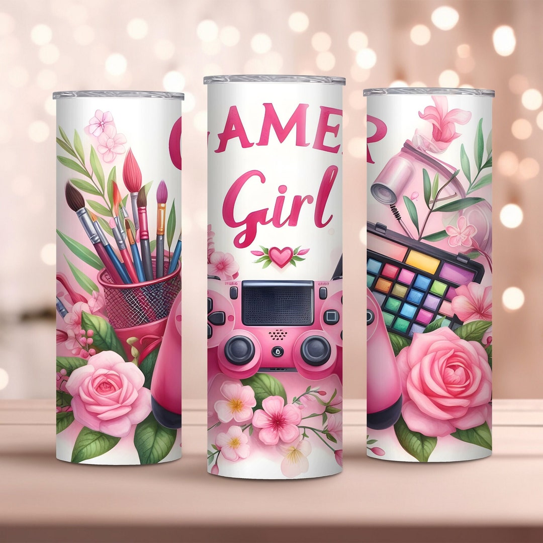 Pink Gamer Girl Tumbler With Controller - Watercolor Gaming Themed ...