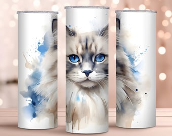 Watercolor Ragdoll Cat Design - 20oz Skinny Tumbler Wrap - Perfect Gift - White Cat Tumbler Wrap Design - Sublimation Design
