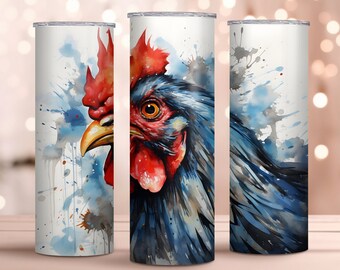 Watercolor Chicken 20oz Skinny Tumbler Wrap - Sublimation Design - Chicken Tumbler Wrap Design - Rooster Tumbler Wrap