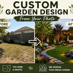 Op de afbeelding: Een afbeelding die diensten voor het ontwerpen van tuinen op maat promoot. Het contrasteert een "voor"-aanzicht van een tuin met droog gras en een houten hek met een "na"-aanzicht van een levendige tuin met een stenen pad, bloemen en een zithoek. Tekst: "Custom Garden Design From Your Photo."