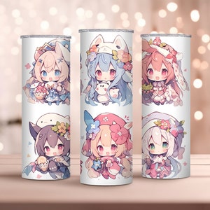 Kawaii Anime Mädchen 20oz Skinny Tumbler Wrap | Entzückendes Anime Character Design | Trinkgefäß Dekor | Chibi Anime | Sofort Download