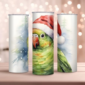 Watercolor Christmas Parakeet 20oz Skinny Tumbler Wrap - Bird Tumbler Wrap PNG - Sublimation Design - Instant Download