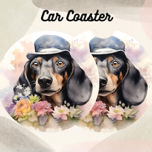 Watercolor Dachshund Car Coaster, Sublimation Design, Instant Download