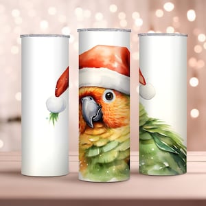 Watercolor Christmas Conure 20oz Skinny Tumbler Wrap - Christmas Parakeet Tumbler Wrap PNG - Sublimation Design - Instant Download