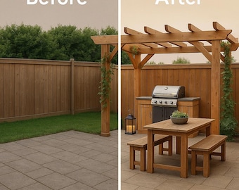 Visualización de diseño de pérgola y barbacoa personalizadas / Remodelación personalizada de patio trasero / Representación digital de patio exterior