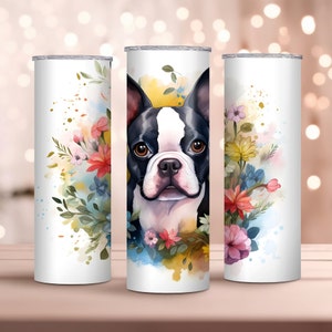 Aquarelle Boston Terrier Design , 20oz Skinny Tumbler Wrap, Sublimation Design, Téléchargement instantané